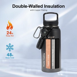 Trebo Water Bottle 64oz with Paracord Handle, Half Gallon Large Vacuum Double Wall Stainless Steel Insulated Water Jug with Straw Spout Handle Lids, Leakproof BPA-Free Keep Cold & Hot, Dark Gray