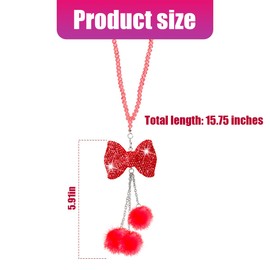 KHGUZ Bling Car Rear View Mirror Hanging Accessories, Crystal Rhinestone Bowknot Vehicle Rearview Charms, Diamond Plush Ball Automotive Interior Ornament Pendant, Universal Fit (Red)