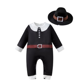 Pilgrim Costume Baby Boys Thanksgiving Romper With hat Colonial Style Pilgrim (Black,3-6 Months)