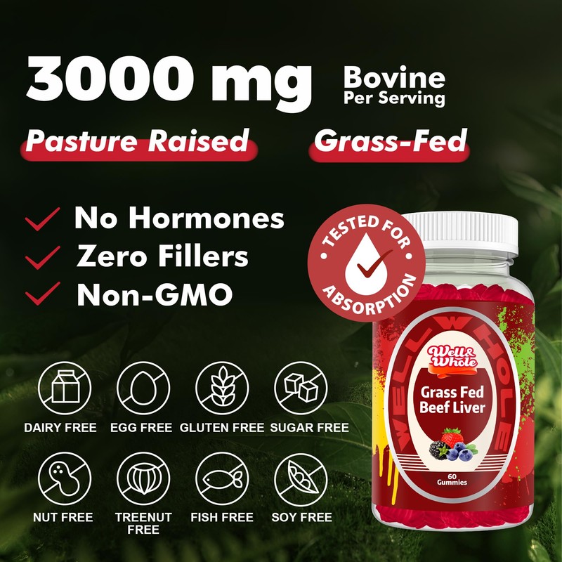 Well&Whole Grass Fed Beef Liver Gummies, Dessicated Beef Liver Supplement