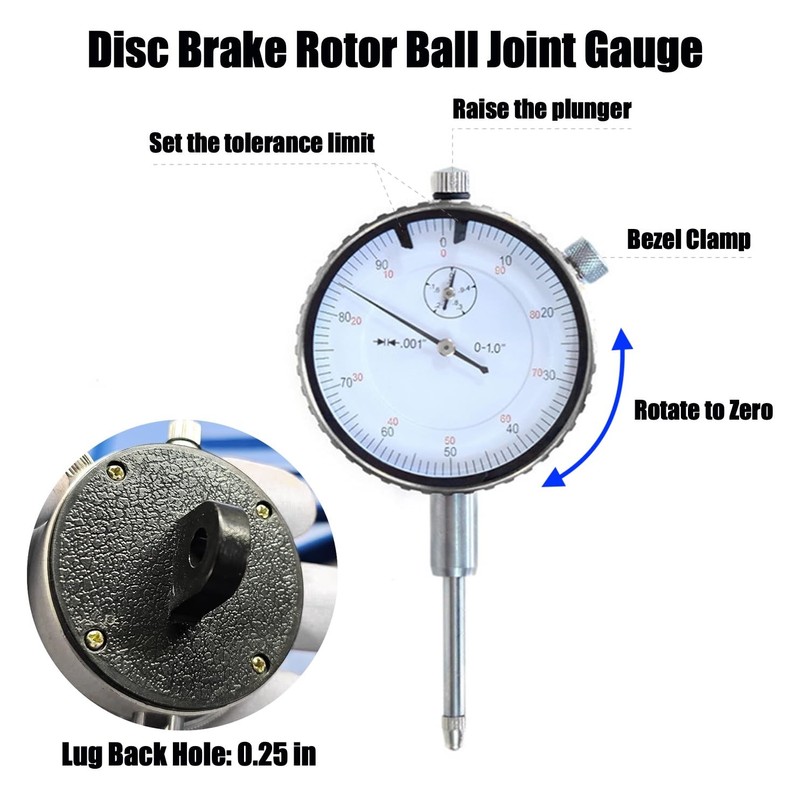 Disc Brake Rotor Ball Joint Gauge, 0-1” by 0.001” Dial