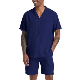 RPOVIG - Camisas de lino para hombre, conjunto de 2 piezas, con botones, casual, verano, para día festivo, Azul oscuro, X-Large