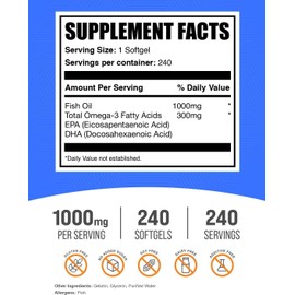 BulkSupplements.com Fish Oil 1000mg Softgels - Fish Oil Supplements, Omega 3 Supplements - Gluten Free, 1 Softgel per Serving, 240 Count (Pack of 1)
