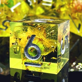 MJDICEOK DND Resin Sharp Edged Dice Set, 7 Pcs Flower Resin Dice Set, Polyhedral Dice Set for Dungeons and Dragons Dice, D&D Dice Set, RPG Role Playing D and D D20 D12 D10 D8 D6 D4 Dice (Yellow Leaf)