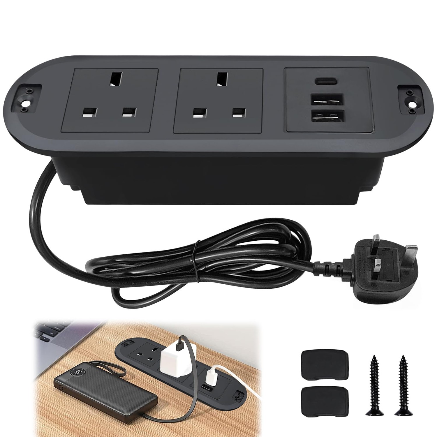 Recessed Power Socket with USB C, Desk Power Strip with 2 USB A, 1 USB ...