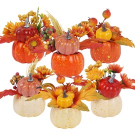 winemana Thanksgiving Decorations Set of 6 Artificial Pumpkins, Decorative Pumpkin with Maple and Flowers for Harvest Fall Decor Table Centerpiece Home Kitchen Party