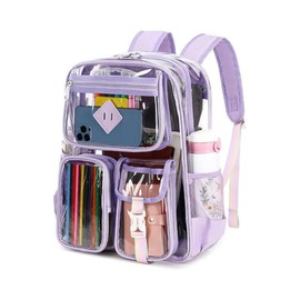 Clear Backpack  Heavy Duty PVC Stadium Approved--PIGPIGGIRL, Heavy Duty PVC Transparent Book Bag,See Through Backpack for School for Women for College Work Travel Festival&Multi-pockets for Colleges Workplace Security，elite bag - Color: purple