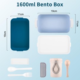 VEIOK Lunch Box, 1600ml Bento Box with Bag and Cutlery, Lunch Box with Compartments, Leak-Proof Bento Lunch Box, Lunch Box for Adults, Kids, Sandwich Box for School Office (Blue)