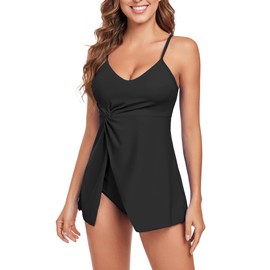 Vozobi Women's Two Piece Swimsuits V Neck Tankini Bathing Suits with Matched Bottoms Twist Knot Tropical Skirted Swimdress Black