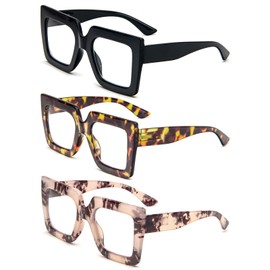 prtcslwd 3 Packs Oversized Thick Frame Reading Glasses for Women,Stylish Square Large Readers Blocking Blue Light Glasses (3 Pack, 1, Diopters)