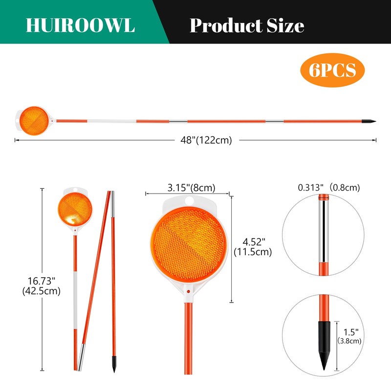 HUIROOWL Reflective Driveway Markers, 48 Inch Fiberglass Pole, 6 Pcs
