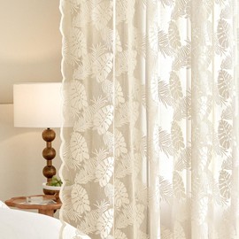 EMEMA Sheer Lace Curtains 63 Inch Length, Beige Leaf Pattern Rod Pocket Window Curtains Panels for Bedroom Living Room, Voile Light Filtering Drapes, 2 Panels