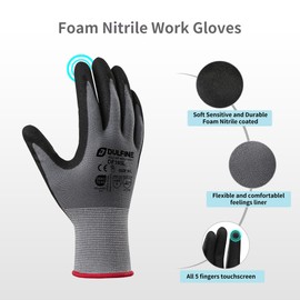 DULFINE Work Gloves for Men and Women,Grey Knit Nylon Glove with Touchscreen MicroFoam Nitrile Coated-6 Pairs Pack,Ideal for General Purpose,Automotive,Home Improvement,Painting(Large)