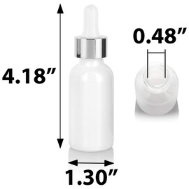 JUVITUS 1 oz High Shine Gloss White Glass Boston Round Bottle with Silver Metal and Glass Dropper (24 pack) BPA Free Refillable Empty Storage Containers