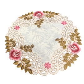 Set of 4 Floral Embroidery Table Mats, Openwork Fabric Coasters, Round Flower Shape Mat, Place Mats, Doilies, Cup Coasters for Dining Room, Kitchen, Banquet, Wedding Decoration, 30 cm, Rose Red