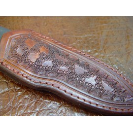 by Carl Thomas Jr. Custom Leather Knife Sheath That Fits a Buck 692 Vanguard or Zipper. Tooled and Dyed Dark Brown.