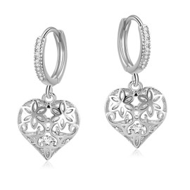 Silver Plated Heart Hoop Earrings for Women, Cubic Zirconia Filigree Dangle Jewellery, Elegant Gift for Anniversary and Mother’s Day