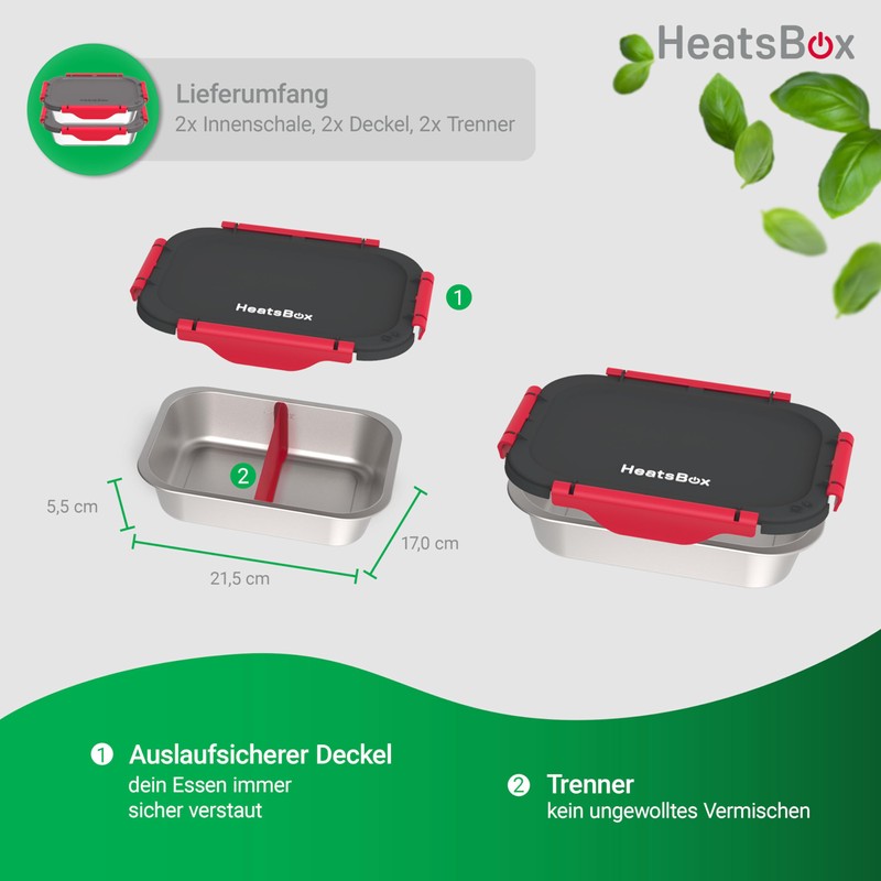 Faitron Innenschalen 2er-Set, Auslaufsichere Edelstahl-Schalen mit Trennsteg und Transportdeckel, Hitzebeständig
