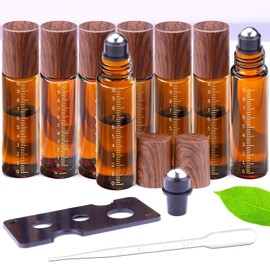 Matifaner 8 Pack Essential Oil Roller Bottles with Scale, 1/3 oz Amber Glass Roller Balls for Essential Oils, 10ml Empty Rollerball Bottles for Travel Refillable Roll on Perfume (Amber)