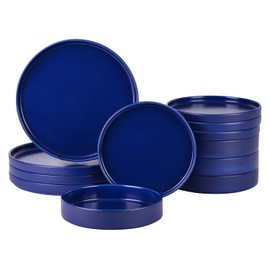222 Fifth Kaden 12-Piece Blue Porcelain Dinnerware Set – Service for 4, Plate & Bowl Set, Contemporary Design, for Everyday Dining & Entertainment, Microwave & Dishwasher Safe