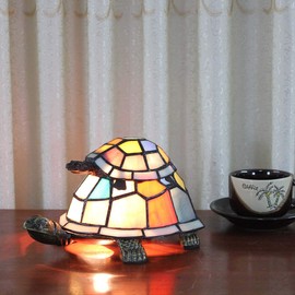 Bieye L10217 Tortoise Tiffany Style Stained Glass Accent Table Lamp Night Light for Bedside Living Room Bedroom (Multi-Colored Double)