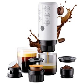 HAILASRE Portable Espresso Machine Mini 12V Rechargeable 3-in-1 Multi-Function Electric Coffee Machine One Key Extraction Compatible with NS & DG Capsules and Ground Coffee for Office Home (White)