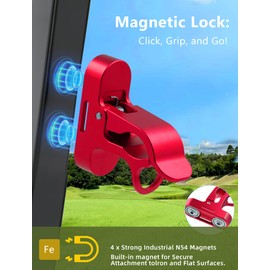 Magnetic Golf Holder Clip for Golf Cart with Hook Design, Aluminum Alloy Golf Cart Hold with Secure Grip & Hook & Loop Strap, Golf Cart Accessories, Ideal Golf Gifts for Men - Red