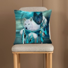 KUNQIAN Wolf Cushion Cover Wolf Decor Animal Teal Ornament Dream Catcher Pillow Cover for Home Livingroom Couch Bed Sofa Decorate Throw Pillow Case Wolf Gift 18"x18"