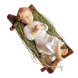 Baby Jesus in Wooden Manger Laying on Natural Hay, 4 Inch Small Nativity Figurine (Medium - 5 inch, with Manger)