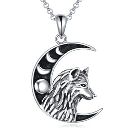 VONALA Wolf Moon Pendant Necklace 925 Sterling Silver Moon Phase Vintage Wolf Jewelry for Women Men