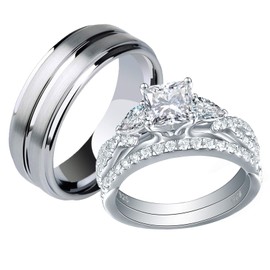 Newshe Wedding Rings Set for Him and Her Women Mens Tungsten Bands 925 Sterling Silver Cz Size 12&6