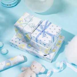 LeZakaa Reversible Baby Shower Wrapping Paper Roll - Bear and Duck Toy in Baby Blue Polka Dots - 17 inches x 32.8 Feet (46.45 sq.ft.)