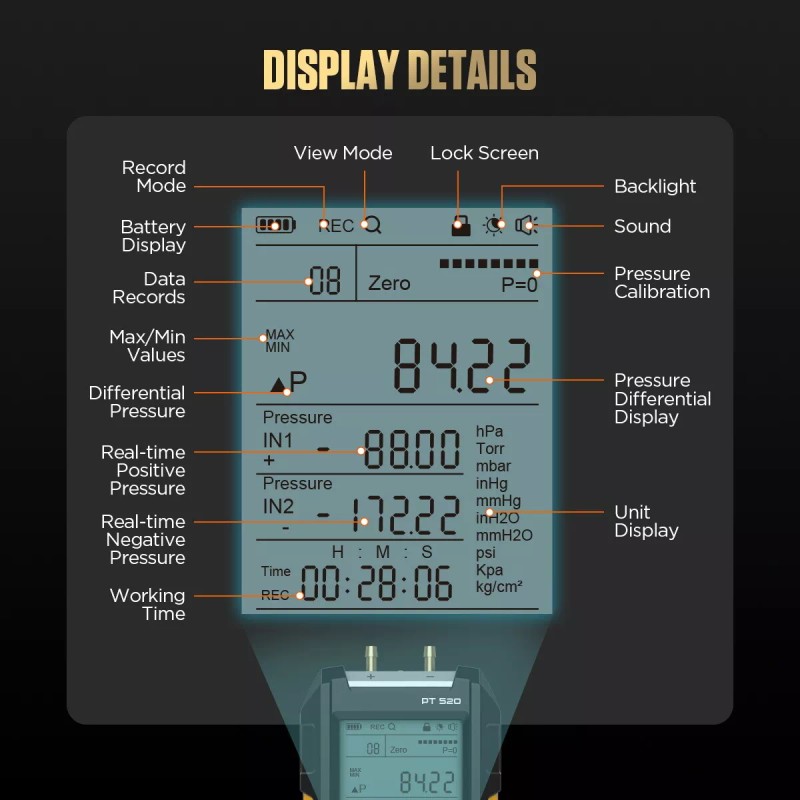 AUTOOL Portable Digital Manometer Dual Port Air Vacuum Pressure Gauge