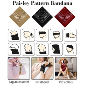 MEEZY 3 Pcs Bandanas for Women Men, Paisley Pattern Bandana Head Scarf Handkerchiefs Outdoor Multi-Purpose Cowboy Face Mask Square Scarf Headwear for Boy Girls 100% Polyester