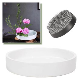 Eggone 8.5inch Japanese Ceramic Ikebana Vase Kit with 2.4inch Metal Floral Frog Round Stems Holder, Japanese Flower Arranging Supplies Kenzan Flower Container (White)