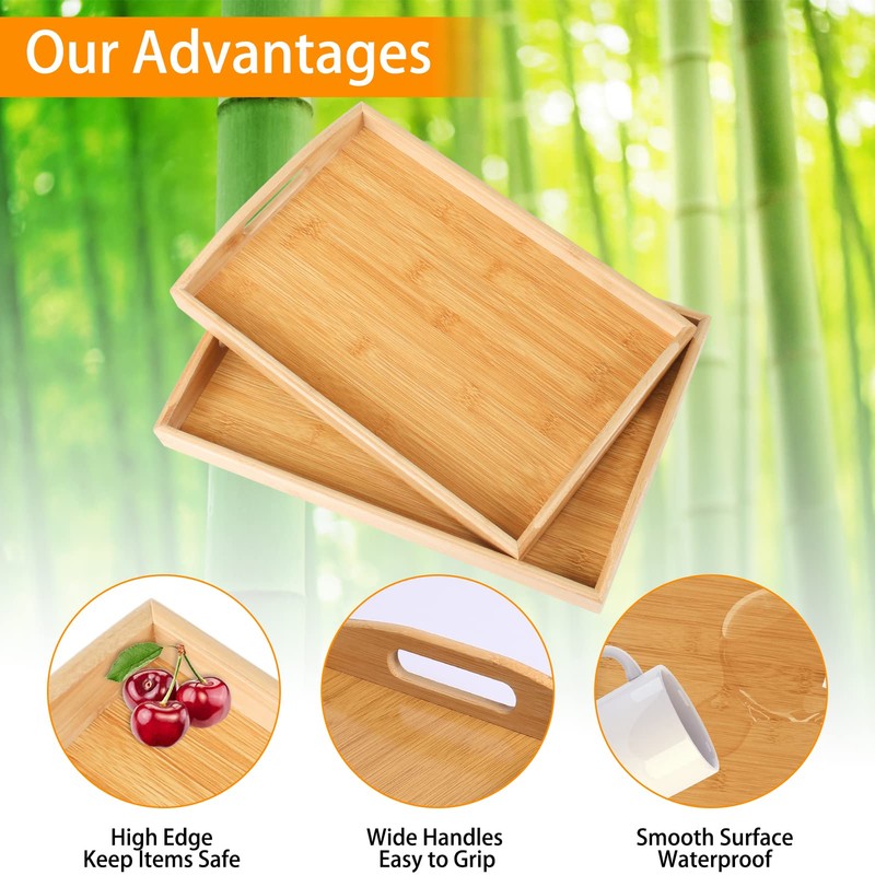 2 Pack Bamboo Serving Tray with Handles, Portable Bed Tray