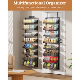 POKIPO 8-Tier Over the Door Pantry Organizer, Large Metal Door Spice Rack with Adjustable Basket, 2 in 1 Wall Mount or Hanging Heavy-Duty Pantry Door Storage Shelf for Kitchen and Bathroom, Black