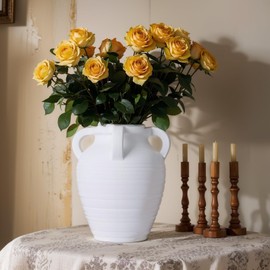 Handmade White Vase - 10" Tall Terracotta Vases with 4 Ear Design, Wide Mouth Vintage Vases, Rustic Antique Decor Matte Finish White Ceramic Vase for Home Decor, Living Room, Table, Fireplace Decor