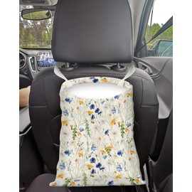 APVDSH Car Trash Can, Seat Back Hanging Car Trash Bag, Cute Canvas Car Garbage Bag, Essential Car Trash Bin Car Organizers Wildflower Field