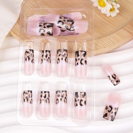 24Pcs Leopard Press on Nails Medium Square Fake Nails Glossy Designs Gold Glitter Ombre Glue on Nails Cute False Nails Stick on Nails for Women Girls Medium Nails 24Pcs