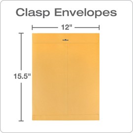 Quality Park 12 x 15-1/2 Clasp Envelopes, Clasp and Gummed Closures, for Oversized Papers, Drawings or Posters, 32 lb Kraft Paper, 100/Box (QUA37810)