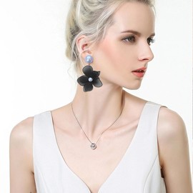 Generic Peasimy Mesh Fabirc Petal Big Flower Earrings Chiffon Floral Statement Earrings Women Dancing Banquet Jewelry (Black)
