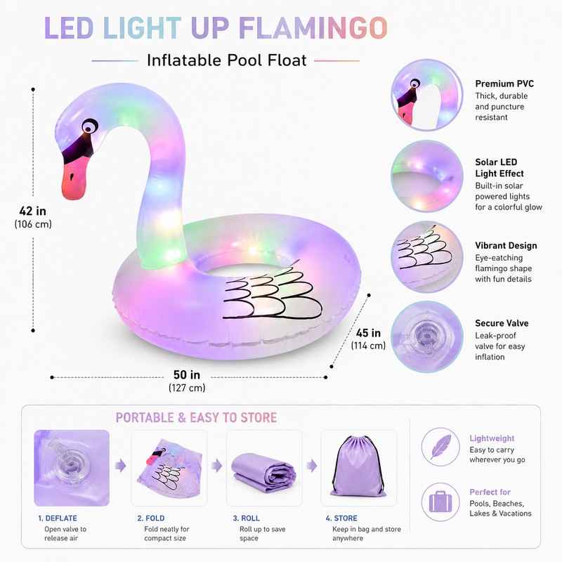 Solar Light Flamingo Pool Float for Summer Lounging – Inflatable