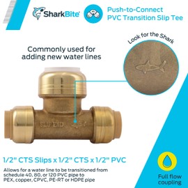 SharkBite 1/2 Inch Slip CTS x CTS x PVC Transition Slip Tee, Push To Connect Brass Plumbing Fitting, UIP363A