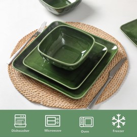 Vicrays Ceramic 18 Pieces Square Dinnerware Set - Dinner Plates Salad Plates Cereal Bowls Set Service for 6 - Scratch Resistant Microwave Oven Dishwasher Safe - Green
