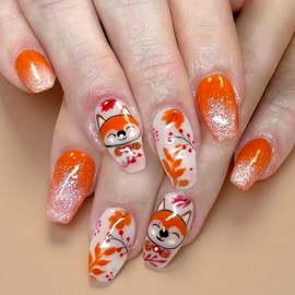 24Pcs Fall Press on Nails Medium Coffin Fake Nails Maple Leaf Glue on Nails with Fox Silver Glitter French Designs Full Cover Artificial Thanksgiving Leaf False Nail Glossy Acrylic Nail for Women