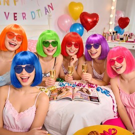 KEEPFINE 6 Pack Colored Short Bob Wigs and 6 Pcs Heart Sunglass Set, Neon Colorful Party Hair Wig for Women Costume Cosplay (Dark)