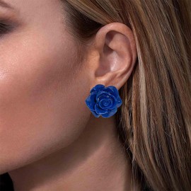 Cybche Vintage Blue Rose Earrings Enamel Flower Earrings Rose Flower Stud Earrings Wedding Flower Stud Earrings Flower Petal Earrings Jewellery For Women, Zinc, No Gemstone