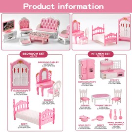 32 Pcs Pink Dolls House Furniture Set, Miniature 1:12 Scale Wooden Dollhouse Accessories with Kitchen, Bedroom, Living Room & Bathroom - Realistic Pretend Play Toy for Kids, Children's Playhouse