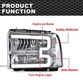 G-PLUS LED DRL Headlights Assembly, Compatible with 2005 2006 2007 Ford F250 F350 F450 F550 Super Duty Headlamp Driver and Passenger Side, Clear lens Chrome Housing Clear Reflector